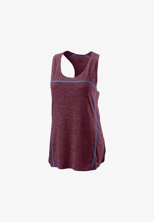 Maroon athletic tank top with a scoop neck and open back, featuring blue accent stitching along the seams and a soft, textured fabric.