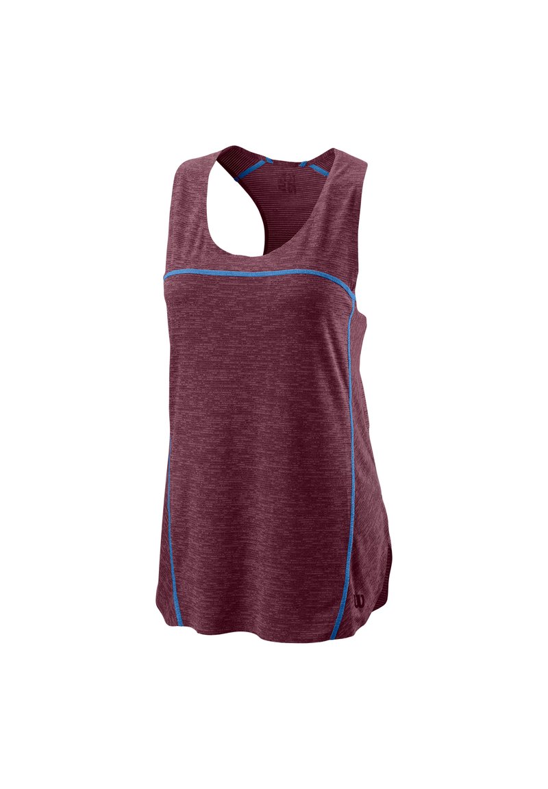 Top sportivo color bordeaux con scollo a barca e schiena aperta, caratterizzato da cuciture blu lungo le cuciture e un tessuto morbido e strutturato.