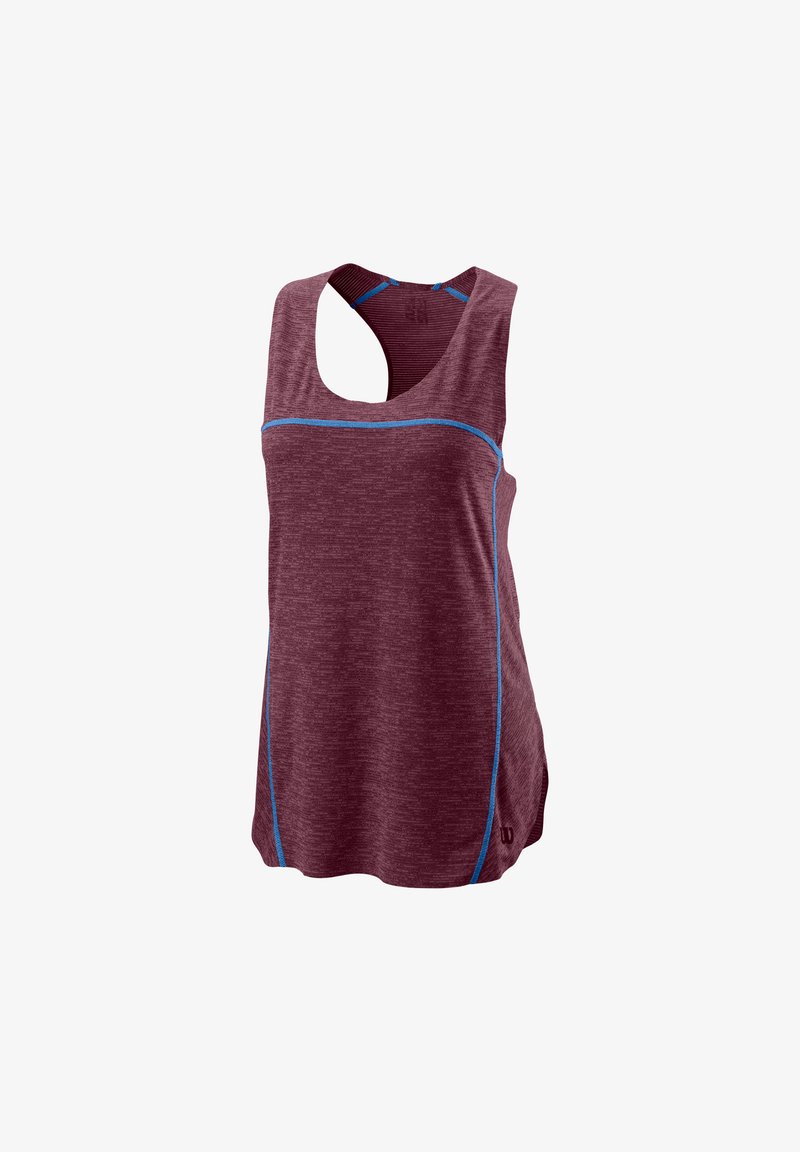 Top sportivo color bordeaux con scollo a barca e schiena aperta, caratterizzato da cuciture blu lungo le cuciture e un tessuto morbido e strutturato.