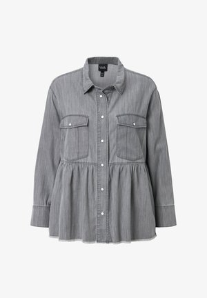 Šedá džínová košile s dlouhými rukávy, zapínáním na knoflíky, dvěma náprsními kapsami a staženým pasem pro peplum efekt.