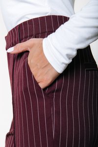 Burgundske hlače s črtami, ravnega kroja. Imajo stranski žep in gladko teksturo, dopolnjene z belim dolgim rokavom.