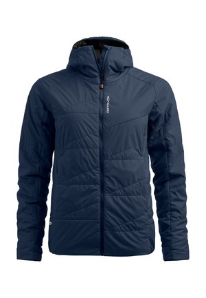 Marineblaue isolierte Jacke mit Reißverschluss, Kapuze und gesteppter Optik. Verfügt über eine glatte Textur und kontrastierenden Stoff am Saum.