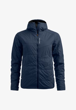 Marineblaue isolierte Jacke mit Reißverschluss, Kapuze und gesteppter Optik. Verfügt über eine glatte Textur und kontrastierenden Stoff am Saum.