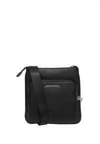 Borsa a tracolla nera in pelle con finitura texturizzata, dotata di una tasca frontale con zip e una tracolla regolabile. Dettaglio di branding in argento.
