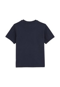 Marinblå bomulls t-shirt med korta ärmar, rund halsringning och en mjuk textur. Inga mönster eller detaljer synliga på baksidan.