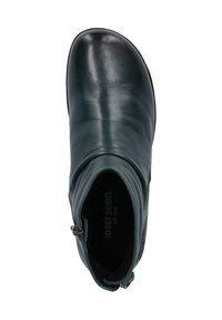 Dark green leather ankle boot with a smooth texture, zip closure on the side, and a rounded toe, featuring a cushioned insole.