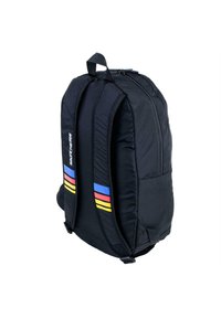 Mochila negra con correas de hombro acolchadas. Presenta rayas coloridas en azul, rojo y amarillo en la parte posterior. Compartimentos con cremallera para almacenamiento.