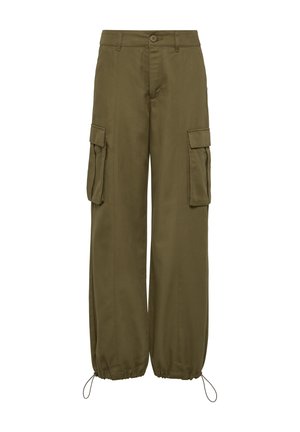 Olive green cargo pants made of fabric, featuring side pockets, a relaxed fit, and elastic cuffs with drawstrings at the ankles.