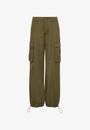 Olive green cargo pants made of fabric, featuring side pockets, a relaxed fit, and elastic cuffs with drawstrings at the ankles.