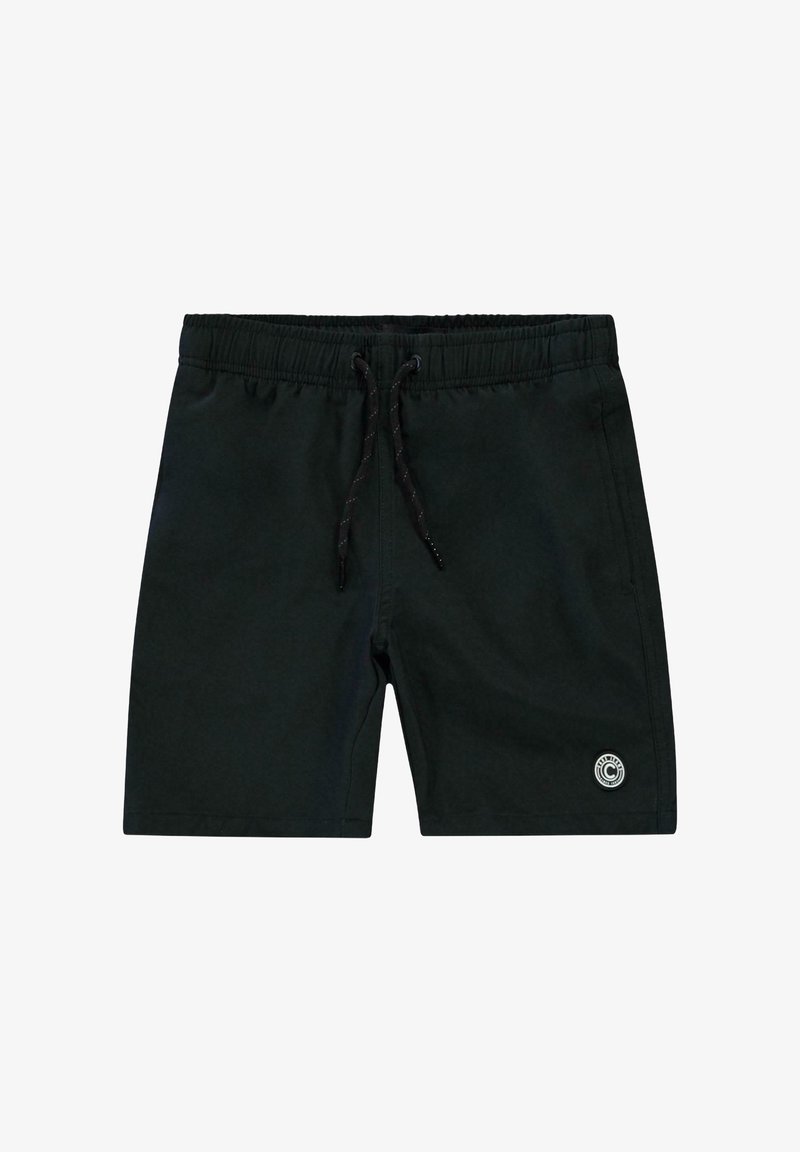 Zwarte zwemshorts met een elastische tailleband, aantrekkoord en een ronde logopatch op de onderzoom. Glad, lichtgewicht stof.