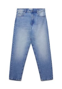 Jeans in denim blu chiaro con una vestibilità rilassata, cinque tasche e una la sottile scoloritura. Design a gamba dritta con dettagli di cucitura visibili.