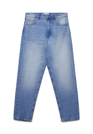 Jeans in denim blu chiaro con una vestibilità rilassata, cinque tasche e una la sottile scoloritura. Design a gamba dritta con dettagli di cucitura visibili.