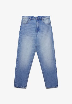 Jeans in denim blu chiaro con una vestibilità rilassata, cinque tasche e una la sottile scoloritura. Design a gamba dritta con dettagli di cucitura visibili.