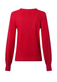 Plain red long-sleeve sweater with ribbed cuffs and hem, crew neck, and a soft knit texture, shown from the back.