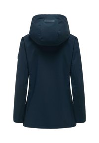 Granatowa kurtka z kapturem, długimi rękawami, lekko dopasowaną talią i małą naszywką z logo z tyłu kaptura.