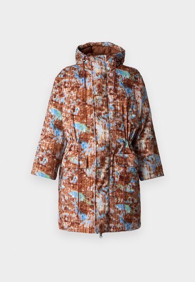 Quilted brown coat with blue and green abstract pattern. Features a hood, drawstring waist, and two front pockets. Textured fabric.