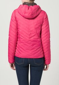 Pink puffer jacket with a hood, featuring a quilted design and a smooth texture. The jacket has a fitted silhouette and elastic cuffs.