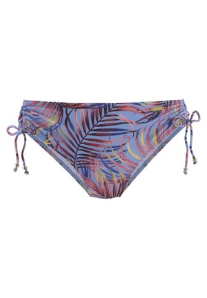 Bikini slipjes met een tropisch bladpatroon in tinten blauw, roze en geel. Verstelbare touwen aan de zijkanten met decoratieve kralen.