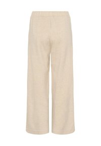 Beige weitgeschnittene Hose mit elastischem Bund, auf einem weißen Hintergrund präsentiert.