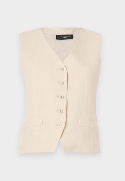 Beige linnenhös med v-ringning, sex knappar och två sidofickor. Har en skräddarsydd form och slät yta.