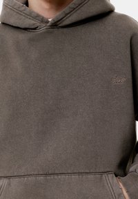 Sweat à capuche en coton marron avec une poche avant, une capuche à cordon ajustable et un petit logo brodé sur la poitrine. Texture douce et design décontracté.