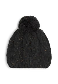 Berretto nero lavorato a maglia con un motivo a trecce testurizzato, dotato di un grande pom-pom morbido sulla parte superiore e macchie multicolori throughout.
