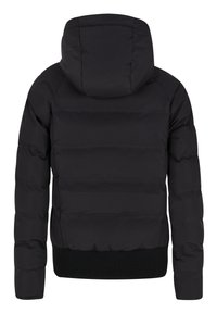 Schwarze Daunenjacke mit Kapuze, ausgestattet mit einem gesteppten Design und gerippten Bündchen. Glatte Textur mit einer figurbetonten Silhouette.
