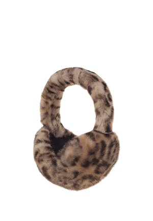 Furry leopard-print earmuffs with a soft padded band and round ear covers designed for warmth in cold weather.