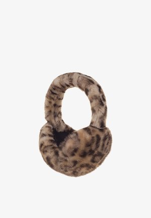 Furry leopard-print earmuffs with a soft padded band and round ear covers designed for warmth in cold weather.