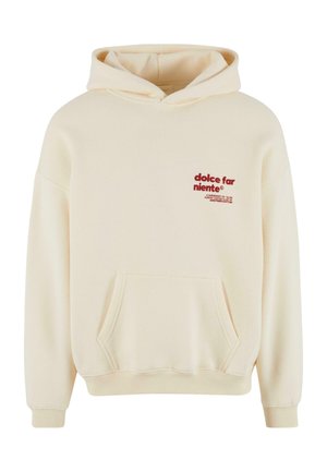 Kramno bel hoodie, narejen iz mehke bombažne tkanine. Ima sprednji �žep in rdeče natisnjeno logotip. Z vključeno kapuco s vrvico in rebrastimi manžetami.