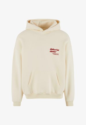 Cremefarvet hættetrøje lavet af blødt bomuld. Har en frontlomme og et logo trykt i rødt. Inkluderer en hætte med snørelukning og ribkantede ærmer.