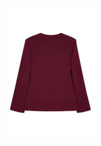 Burgundy blazer with long sleeves, tailored fit, smooth fabric, and a wide neckline. Rear view shows clean lines and minimal detailing.