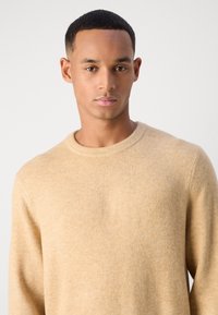 Beige gestrickter Pullover mit Rundhalsausschnitt, langenärmeln und weicher Textur. Einfaches Design ohne Muster oder Akzente.