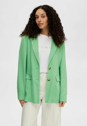 Light green blazer with long sleeves, notched lapels, two front pockets, and two gold buttons. Worn over a white T-shirt and cream trousers.