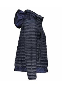 Granatowa ocieplana kurtka z poziomym przeszyciem, kapturem i kieszeniami zapinanymi na zamek. Gładka faktura i dopasowany krój, odpowiednia na chłodniejsze dni.
