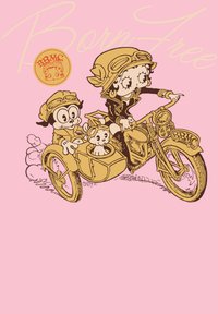 Cartoon-Motorraddesign mit einer Figur in einer Brille, die mit einem Begleiter und einem Hund im Beiwagen fährt, vor einem rosa Hintergrund.