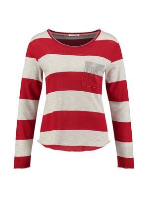 Rot- und beige gestreiftes Langarmshirt mit rundem Halsausschnitt und einer strukturierten Tasche, verziert mit Strasssteinen. Aus weichem Strickstoff.