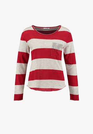 Rot- und beige gestreiftes Langarmshirt mit rundem Halsausschnitt und einer strukturierten Tasche, verziert mit Strasssteinen. Aus weichem Strickstoff.