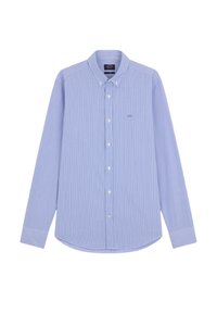 Camicia button-up azzurro chiaro con strisce bianche, maniche lunghe, colletto standard e orlo arrotondato. Presenta un piccolo logo ricamato sul petto.