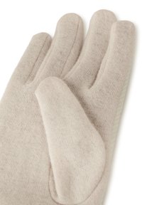 Weiche beige Wollhandschuhe mit einer gestrickten Textur, die die Handfläche und die einzelnen Fingerformen deutlich zeigen.