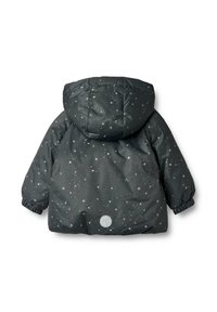 Zwarte pufferjack met sterrenpatroon, voorzien van een capuchon, elastische manchetten en een ronde logo-applicatie op de achterkant. Glad synthetisch materiaal.