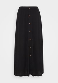 Mustapitu maxi-hame, jossa on teksturoitu kangas, napillinen etuosa, istuva vyötärö ja rento, virtaava siluetti.