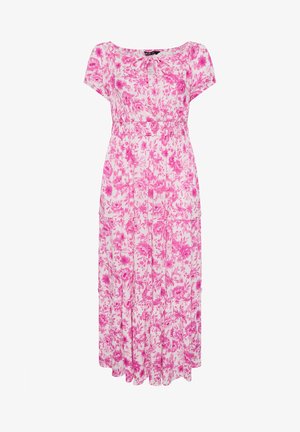 Witte maxi-jurk met korte mouwen, roze bloemmotief, geplooide taille en een klein strikdetail bij de keyhole-halslijn.