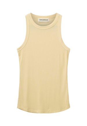 Gul ribbet tanktop med rund udskæring og brede armåbninger, med lige kant og mærket "Sofie Schnoor" indeni kraven.