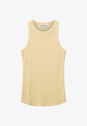 Žuta rebrovana majica bez rukava s okruglim izrezom i širokim rukavima, s ravnim rubom i oznakom "Sofie Schnoor" unutar ovratnika.