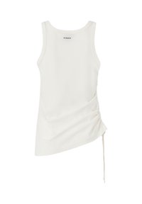 Canotta bianca senza maniche con logo 'PINKO' sul retro del collo e dettagli arricciati sui lati con laccio regolabile.