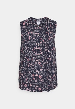 Bez ramiączek granatowa bluzka z różowym i białym kwiatowym wzorem, okrągłym dekoltem i plisowanym przodem zapinanym na guziki.