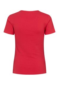 Rotes, geripptes T-Shirt mit kurzen Ärmeln und rundem Ausschnitt. Verfügt über einen strukturierten Stoff und ein figurbetontes Design mit glatter Oberfläche.