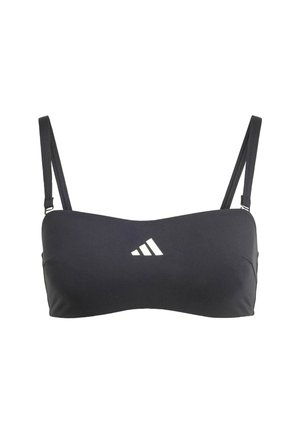 Black athletic bikini top, solid design, adjustable thin straps, smooth texture, featuring a white logo on the center front.