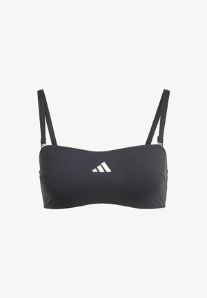 Black athletic bikini top, solid design, adjustable thin straps, smooth texture, featuring a white logo on the center front.
